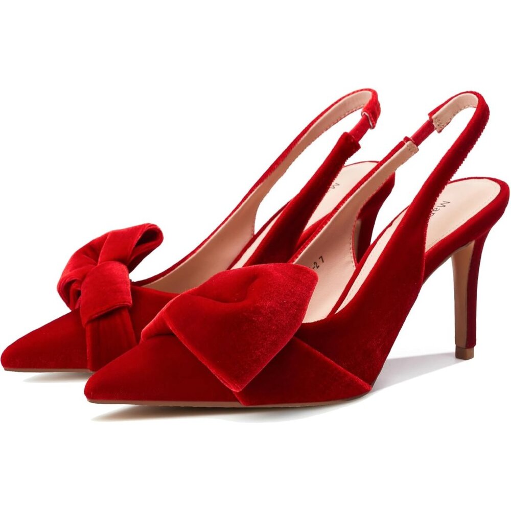 Women's Velvet Red Slingback Elasticated Strap Stylish Comfortable Bow Heel